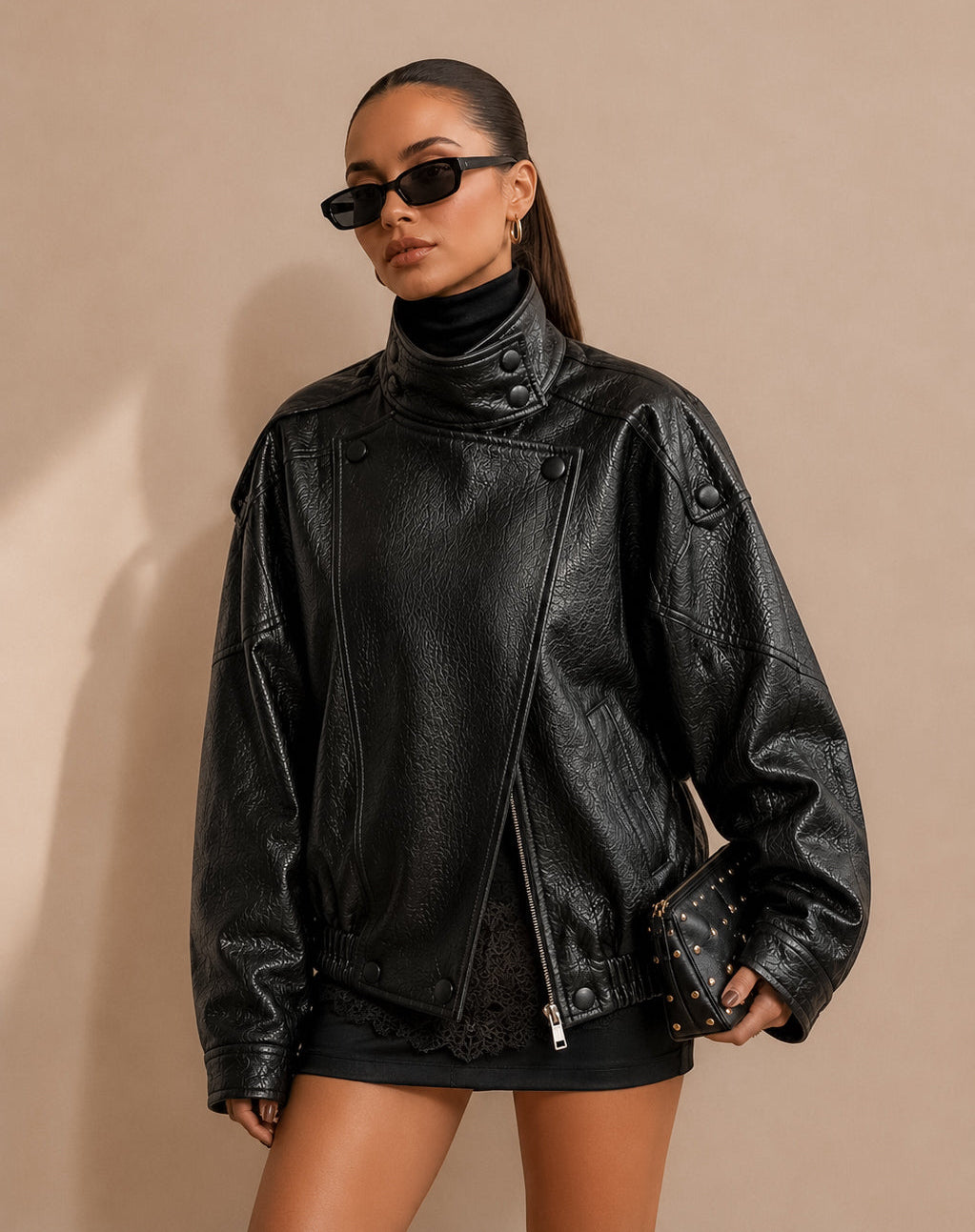 LEATHER HIGH COLLAR JACKET | BLACK