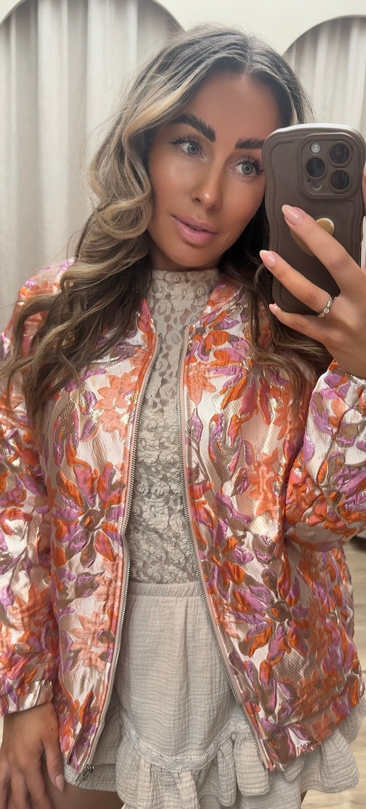 ORANGE FLORAL BOMBER JACKET