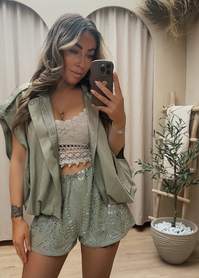 SEQUIN FESTIVAL SHORTS | OLIVE GREEN